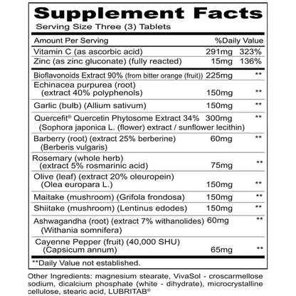 Supplement facts label with detailed nutritional information on a white background