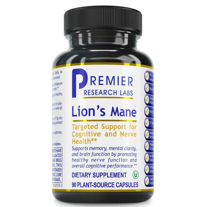 Premier Research Labs Lion's Mane for cognitive brain health, memory, nerve health, front label