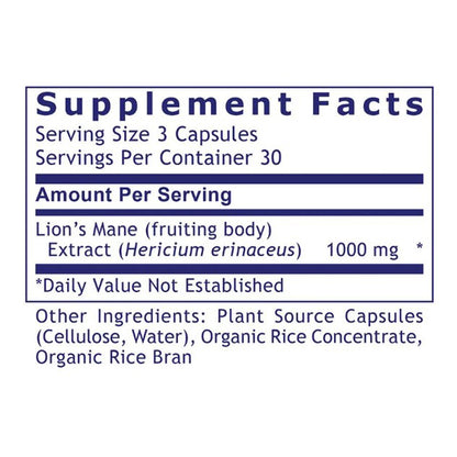 Premier Research Labs Lion's Mane for memory, ingredient label, nerve health, cognitive brain health