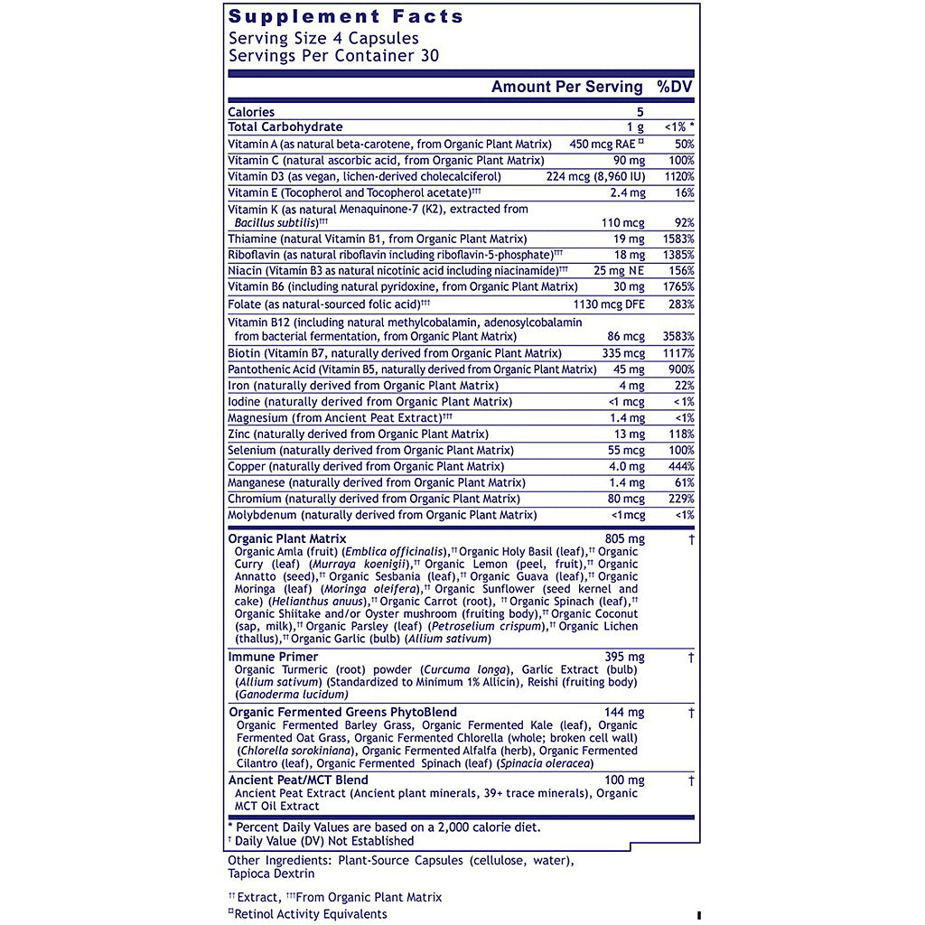 Supplement label with detailed nutritional information on a white background