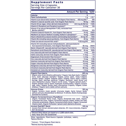 Supplement label with detailed nutritional information on a white background