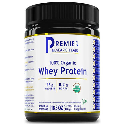Container of Premier Research Labs 100% Organic Whey Protein on a white background