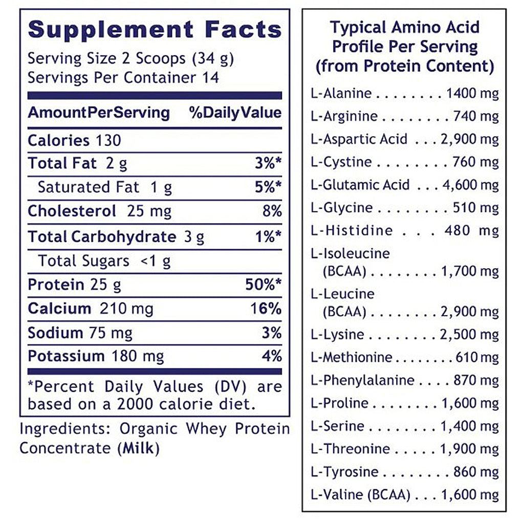 Supplement facts label with amino acid profile and serving size details.