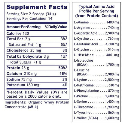 Supplement facts label with amino acid profile and serving size details.