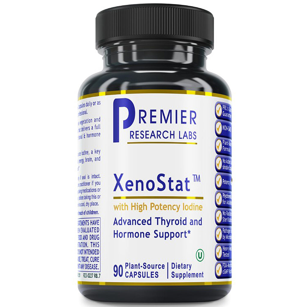 A black plastic bottle of Premier Research Labs XenoStat dietary supplement with a white label, blue and gold text, and a black ribbed cap, shown on a white background.