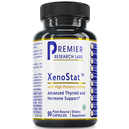 A black plastic bottle of Premier Research Labs XenoStat dietary supplement with a white label, blue and gold text, and a black ribbed cap, shown on a white background.