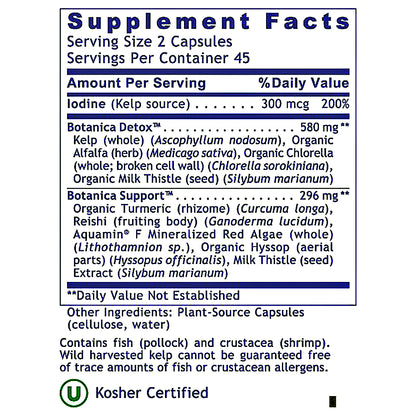 A supplement facts label for Botanica Detox and Botanica Support capsules, showing serving size 2 capsules, daily value information, ingredients, and a kosher certified mark on a white background.