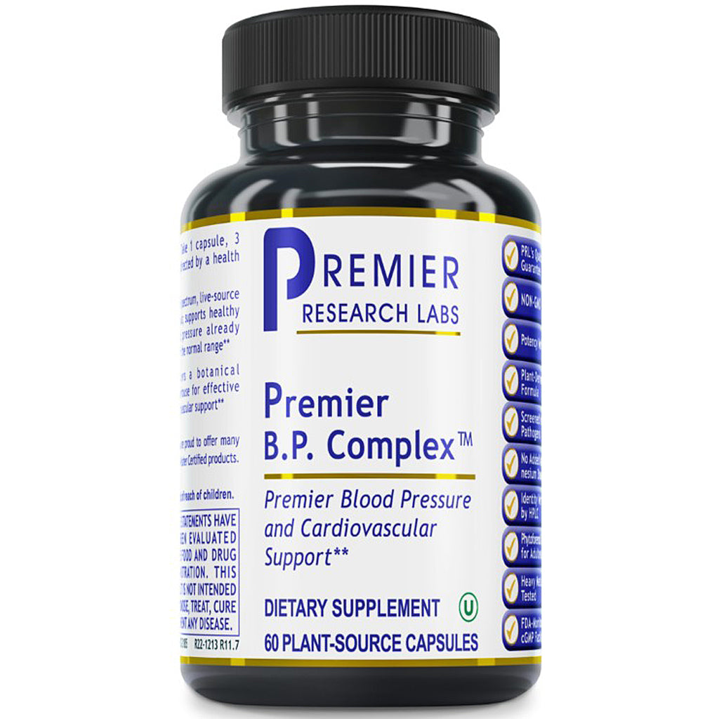 Bottle of Premier B.P. Complex dietary supplement from Premier Research Labs on a white background