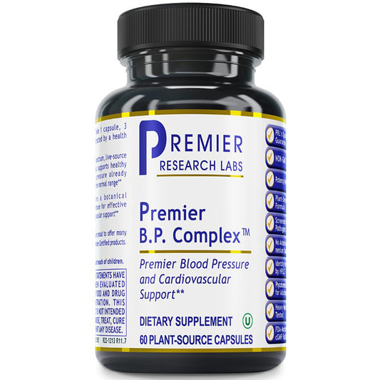 Bottle of Premier B.P. Complex dietary supplement from Premier Research Labs on a white background