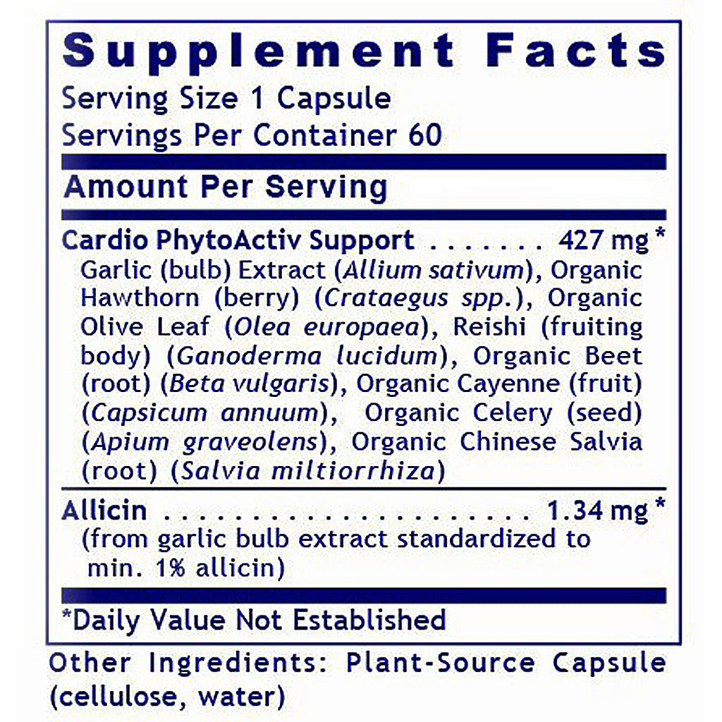 Supplement facts label for Cardio PhytoActiv Support with ingredients listed.