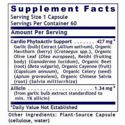 Supplement facts label for Cardio PhytoActiv Support with ingredients listed.