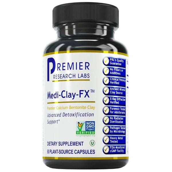 Bottle of Premier Research Labs Medi-Clay-FX dietary supplement on a white background