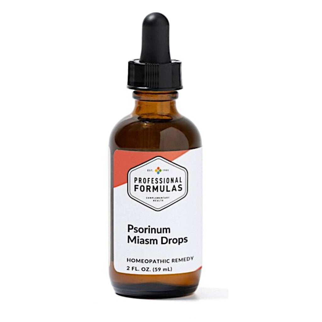 Bottle of Psorium Miamis Drops with a dropper on a white background