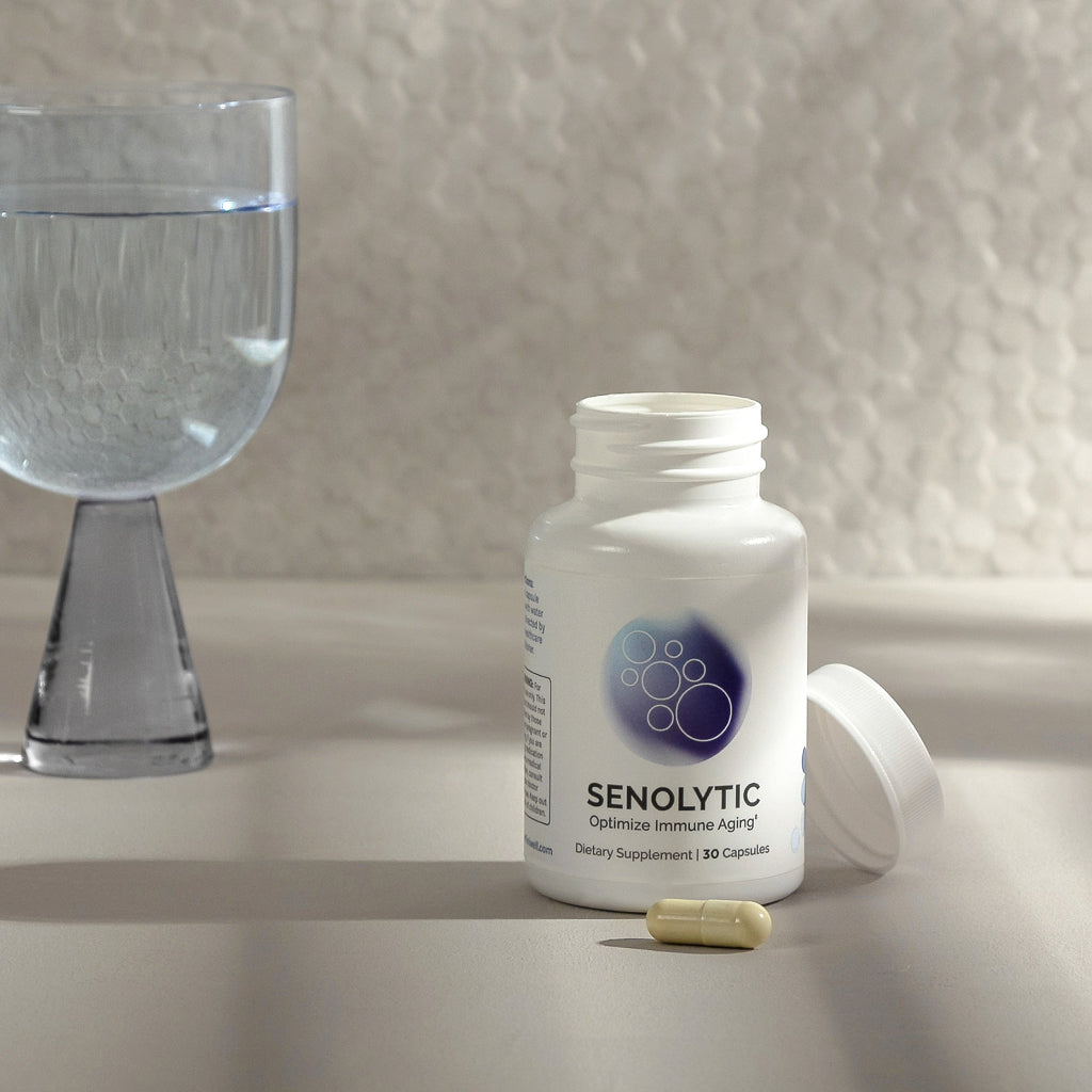 InfiniWell Senolytic product label, maintain healthy senescent cells, supports healthy longevity, healthy aging 
