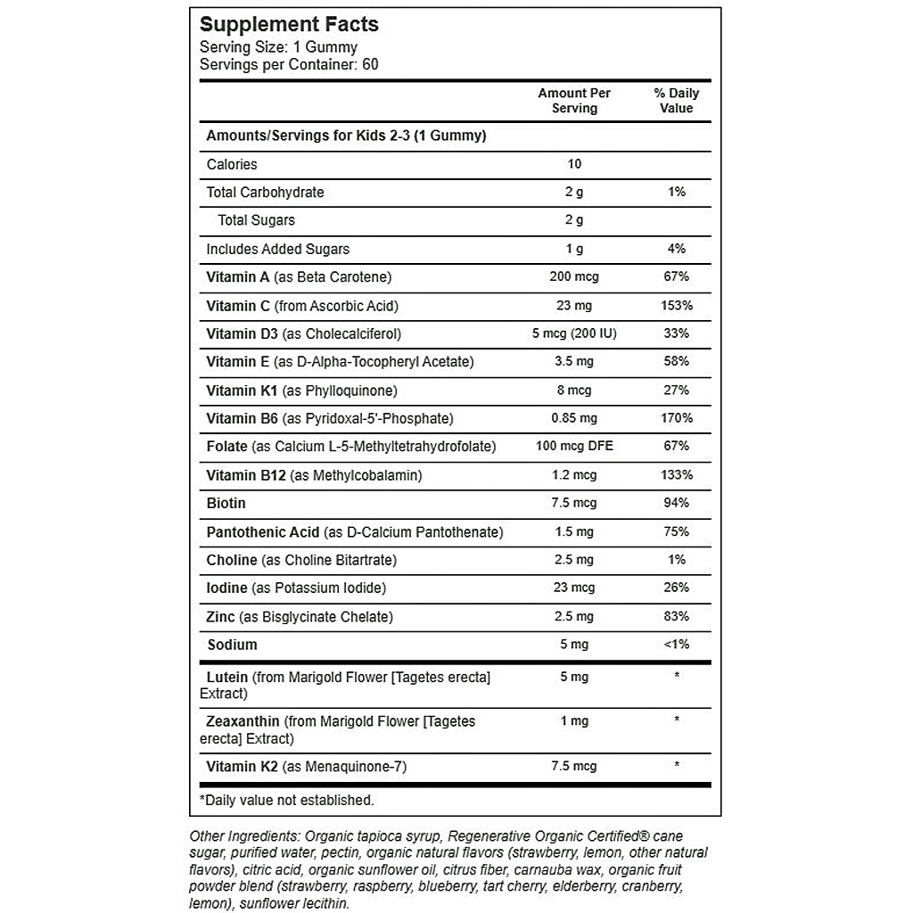 True Grace True Littles Daily Kids Multi, 1 gummy ingredient label, immune, nutrient dense ingredients, fight blue light