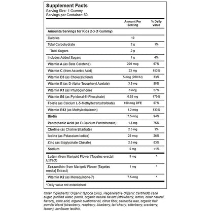 True Grace True Littles Daily Kids Multi, 1 gummy ingredient label, immune, nutrient dense ingredients, fight blue light