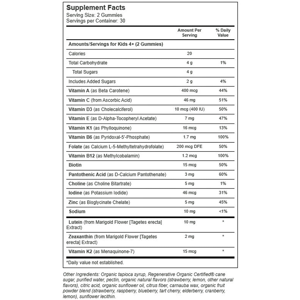 True Grace True Littles Daily Kids Multi, 2 gummy ingredient label,  fight blue light, immune, nutrient dense ingredients