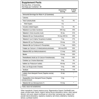 True Grace True Littles Daily Kids Multi, 2 gummy ingredient label,  fight blue light, immune, nutrient dense ingredients