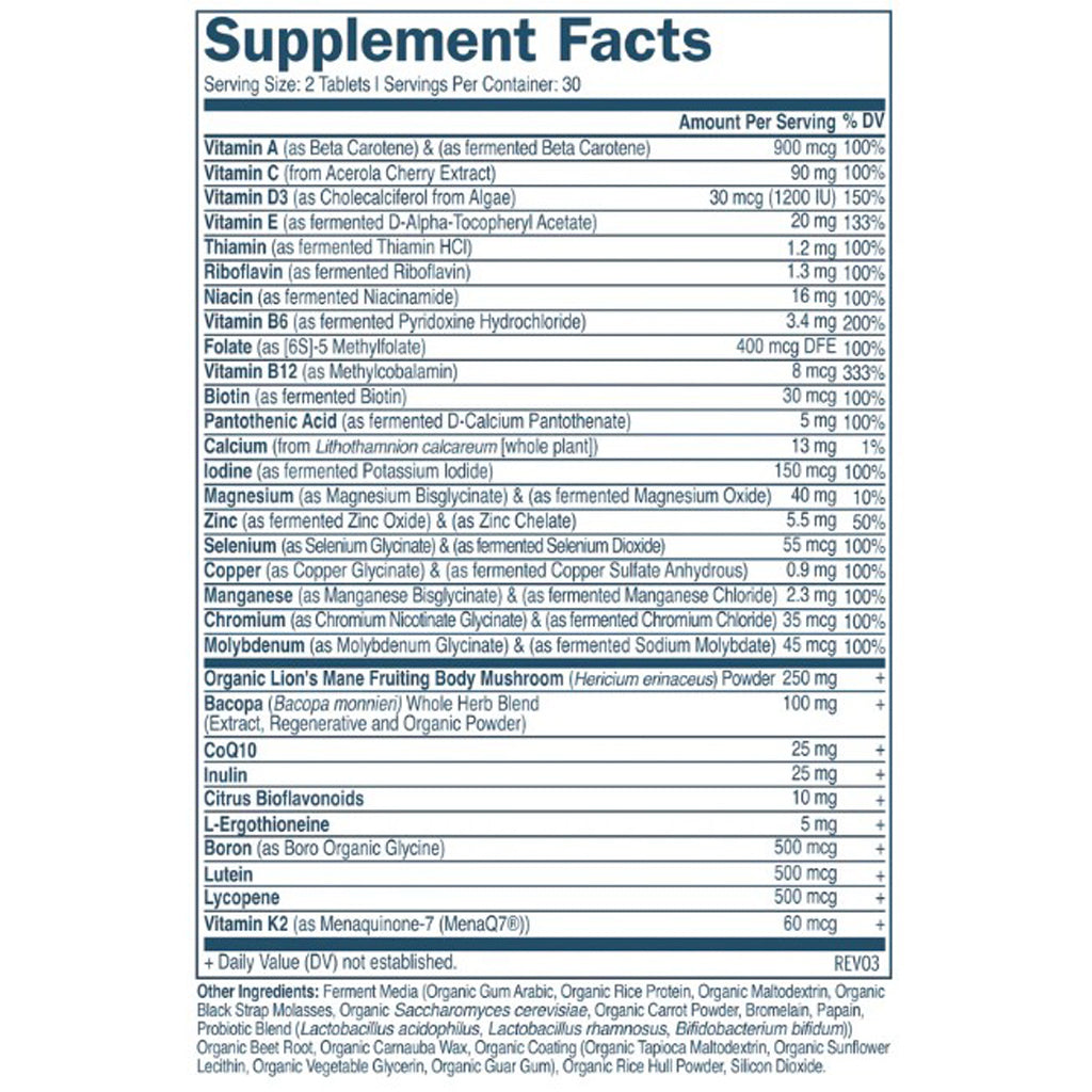 True Grace Daily Men 50+ Daily Multivitamin for Energy, ingredient label, Longevity, Heart Health, & Memory Support