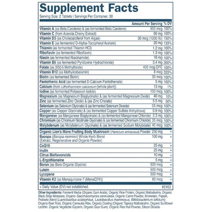 True Grace Daily Men 50+ Daily Multivitamin for Energy, ingredient label, Longevity, Heart Health, & Memory Support