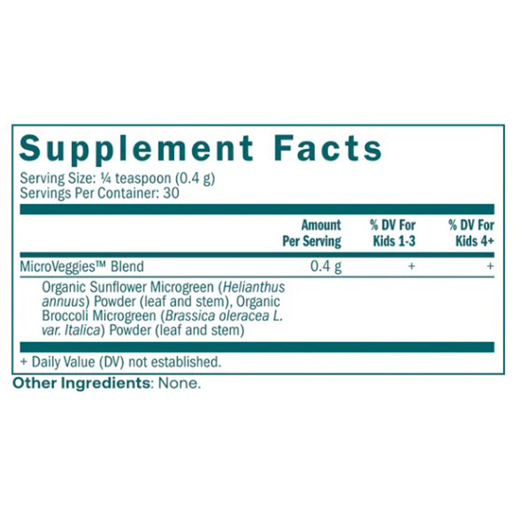 True grace, MicroVeggies, ingredient label, broccoli & sunflower microgreens, Kids Daily Superfood for Immune Health 