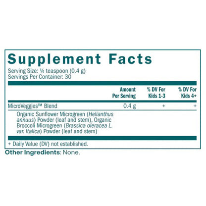 True grace, MicroVeggies, ingredient label, broccoli & sunflower microgreens, Kids Daily Superfood for Immune Health 