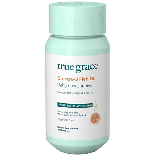 True Grace Omega-3 Fish Oil supplement bottle on a white background