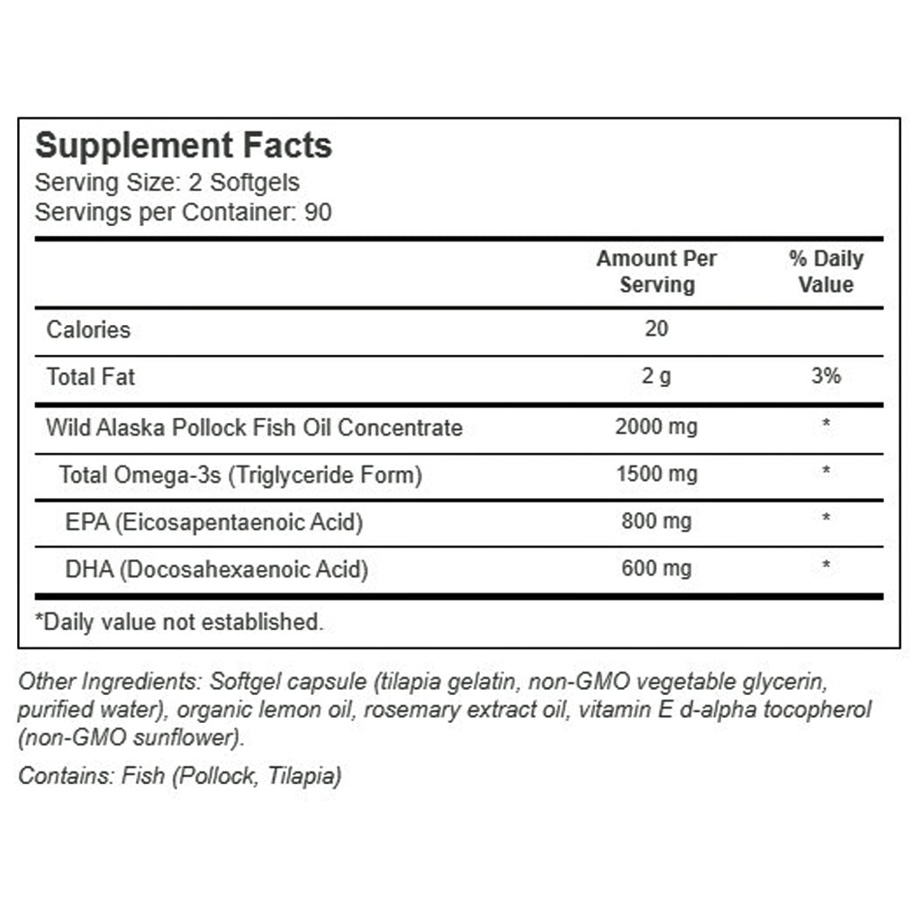 Supplement facts label for Wild Alaska Pollock Fish Oil Concentrate.