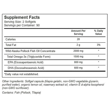 Supplement facts label for Wild Alaska Pollock Fish Oil Concentrate.
