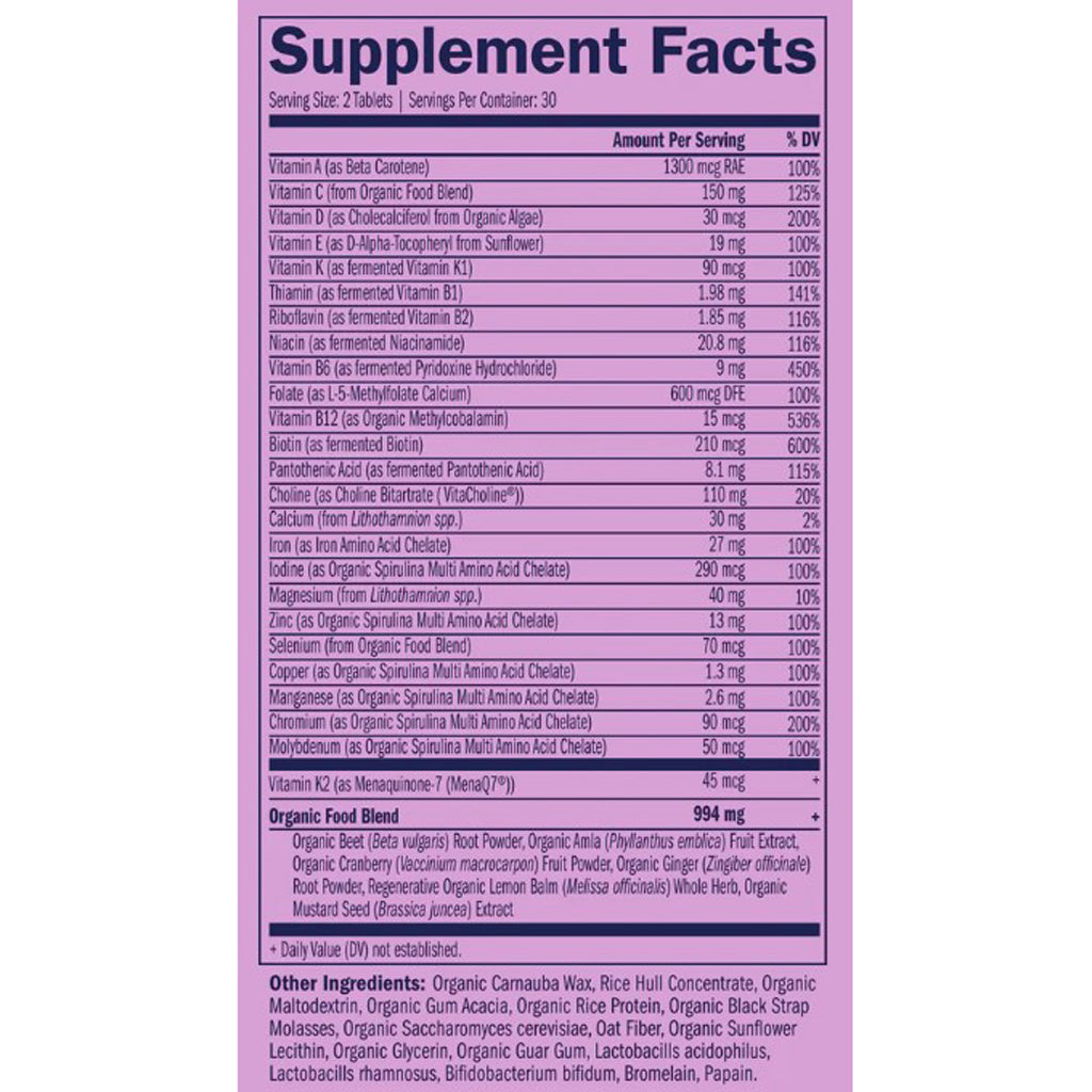 true grace prenatal multivitamin,  organic whole food sources, ingredient label, mom and baby supplement care