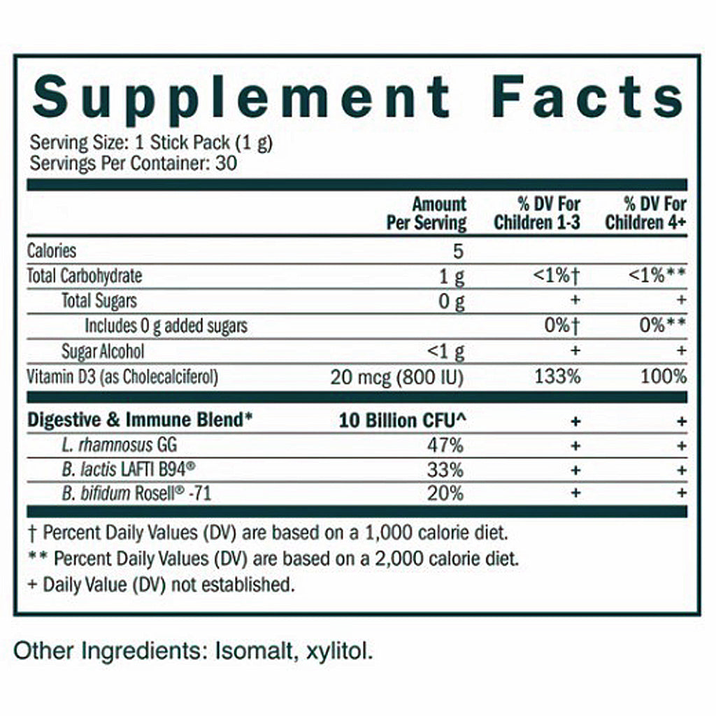 True Grace True Littles Probiotic + D3, ingredient label, for immune and gut health, non-gmo, shelf stable