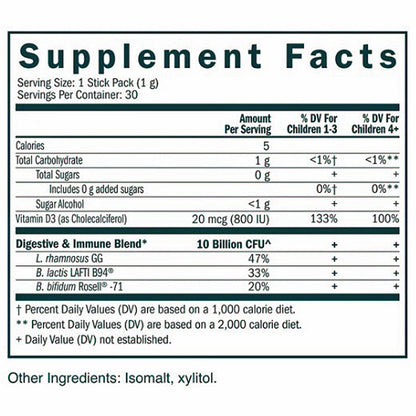 True Grace True Littles Probiotic + D3, ingredient label, for immune and gut health, non-gmo, shelf stable