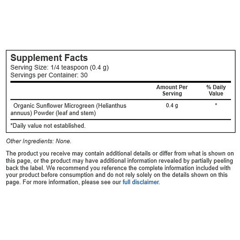True Grace Sunflower Microgreens, ingredient label, used for heart health support, microgreens
