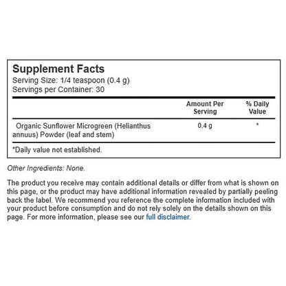 True Grace Sunflower Microgreens, ingredient label, used for heart health support, microgreens