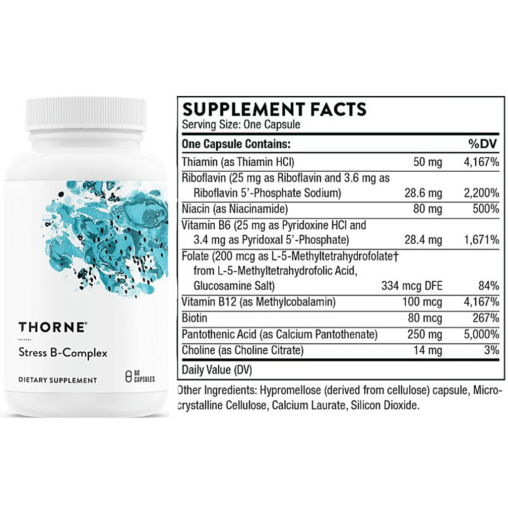 Thorne Stress B-Complex supplement bottle with label showing supplement facts.