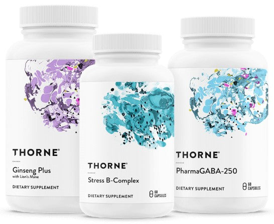 Three Thorne supplements with colorful labels on a white background