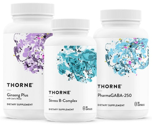 Three Thorne supplements with colorful labels on a white background