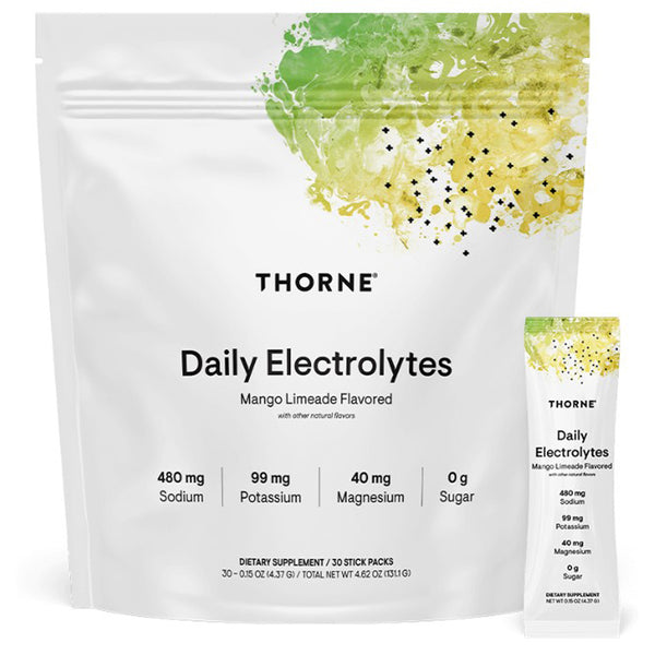 Thorne Daily Electrolytes Mango Limeade re-hydration of cells, restore fluid balance, athletic performance, cellular energy, front label