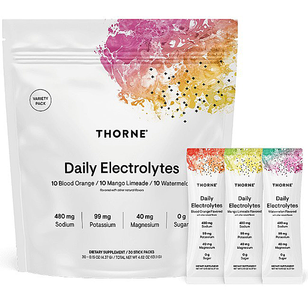 Thorne Daily Electrolytes packaging with colorful design on a white background