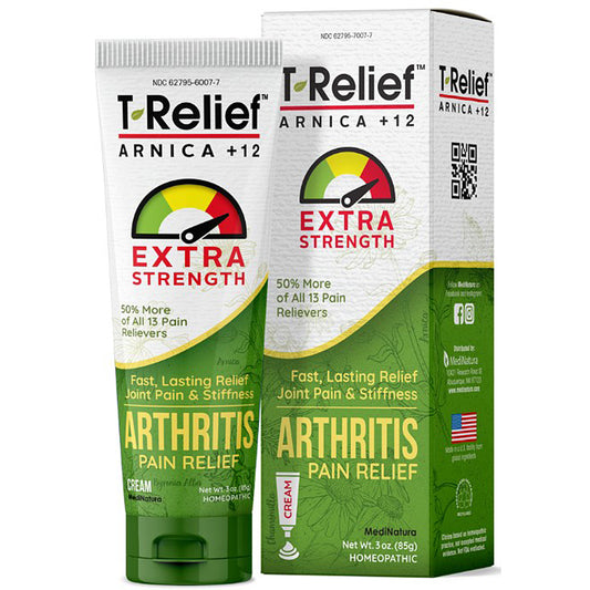 T-Relief Arnica +12 Extra Strength Arthritis Pain Relief cream and packaging on a white background