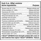 List of active ingredients and their purposes for a arthritis relief product on a white background.