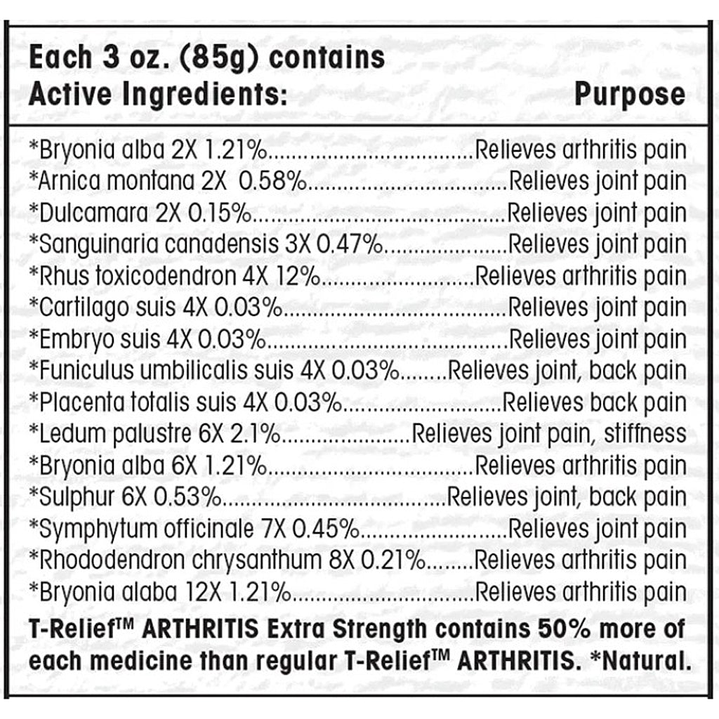 List of active ingredients and their purposes for a arthritis relief product on a white background.