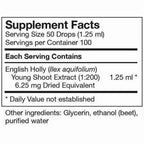 Supplement facts label for English Holly extract with serving size and container details.