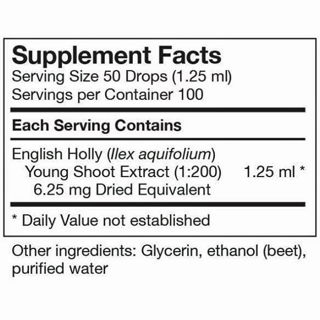 Supplement facts label for English Holly extract with serving size and container details.
