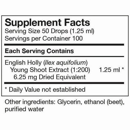 Supplement facts label for English Holly extract with serving size and container details.