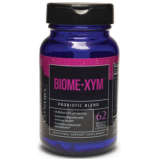 Blue supplement bottle labeled 'Biome-XYM' on a white background