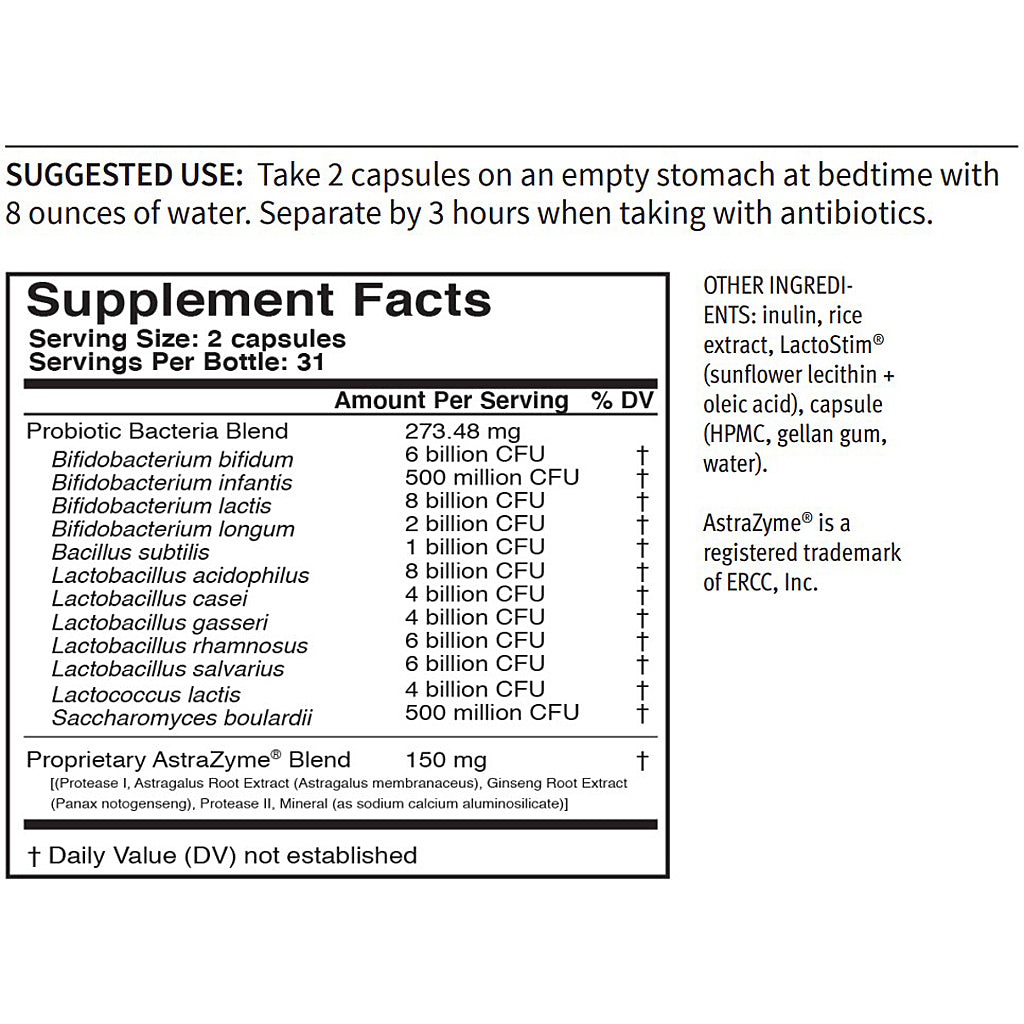 Supplement label with detailed ingredient list and serving information on a white background