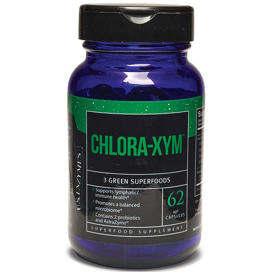 Blue supplement bottle labeled 'Chlora-XYM' on a white background