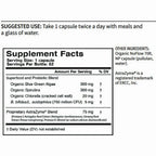 Supplement label with ingredients and suggested use on a white background