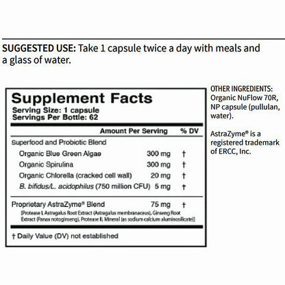 Supplement label with ingredients and suggested use on a white background